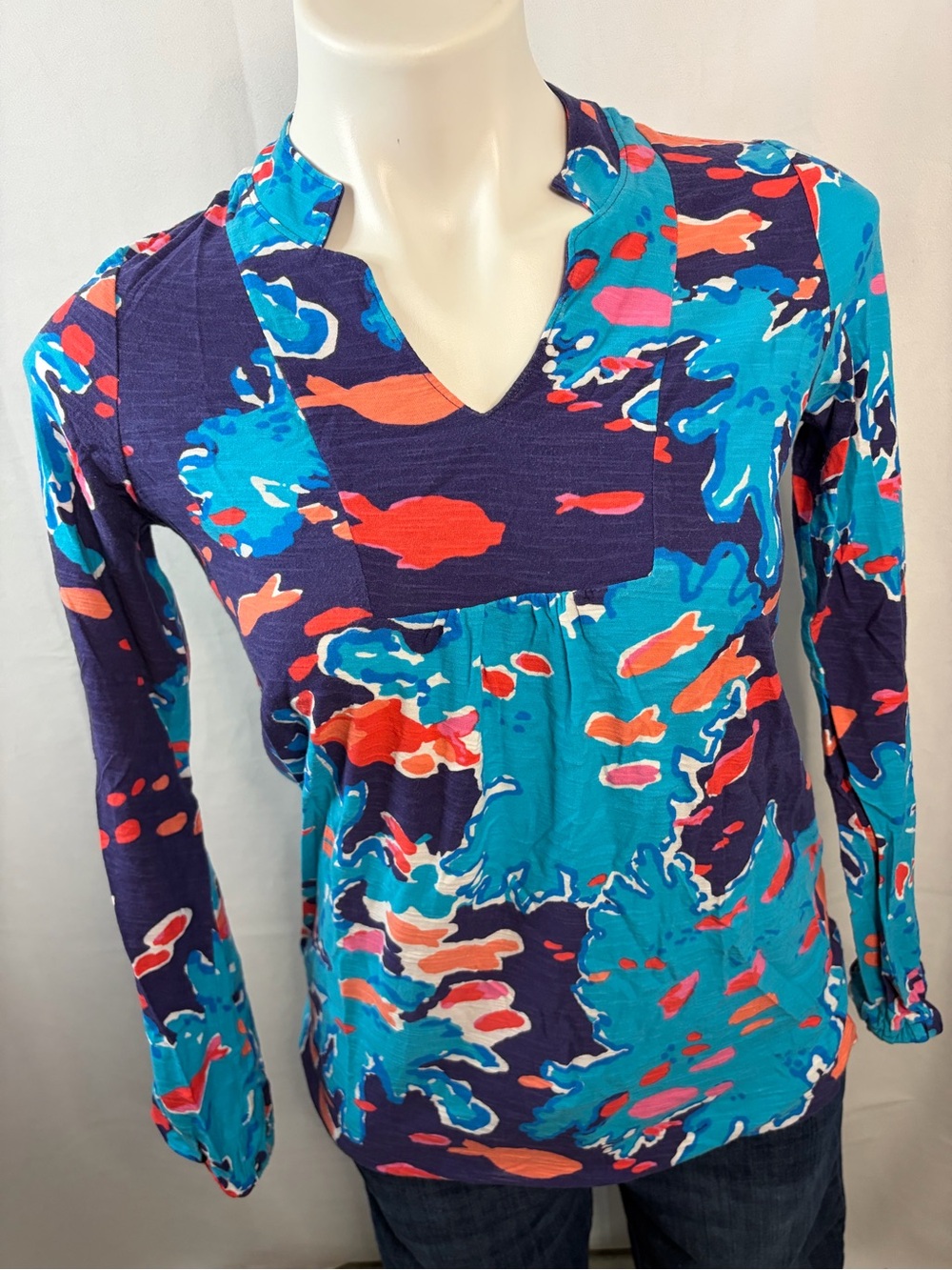Lilly Pulitzer Turquoise Navy & Coral Abstract V-Neck Long Sleeve Top